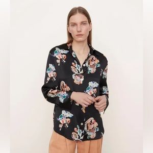 VINCE Black Ikat Floral Print Silk Blouse